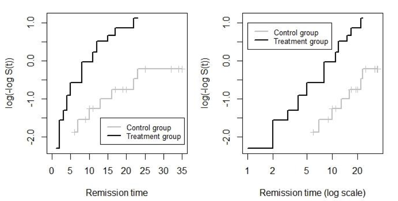 Plots of log{-logS(t;x)} against time and log time to remission among leukaemia patients in treatment and control groups