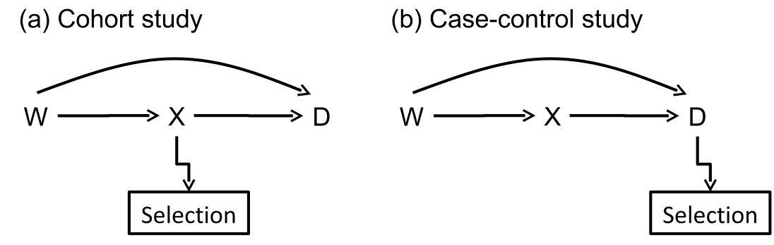 Path diagrams showing relationships between variables in the underlying population and selection to a cohort study and a case-control study.